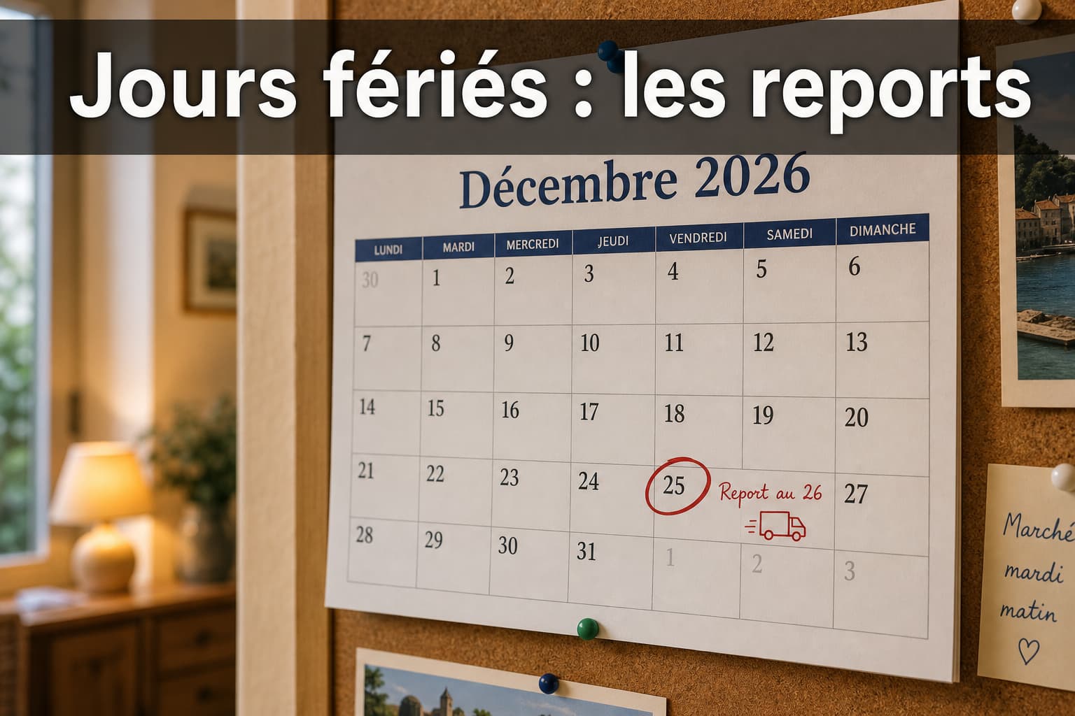 Gros plan sur un calendrier mural de décembre 2026 épinglé sur un tableau en liège, le 25 entouré d