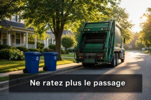 Camion à ordures vert garé dans une rue résidentielle au petit matin, deux bacs de recyclage fermés sur le trottoir, arbres laissant passer la lumière, texte 'Ne ratez plus le passage' superposé.