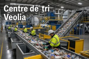 Intérieur d'un centre de tri industriel moderne avec des convoyeurs transportant des matières recyclables, des opérateurs en équipement de protection, et le texte 'Centre de tri Veolia' superposé en ombre portée.