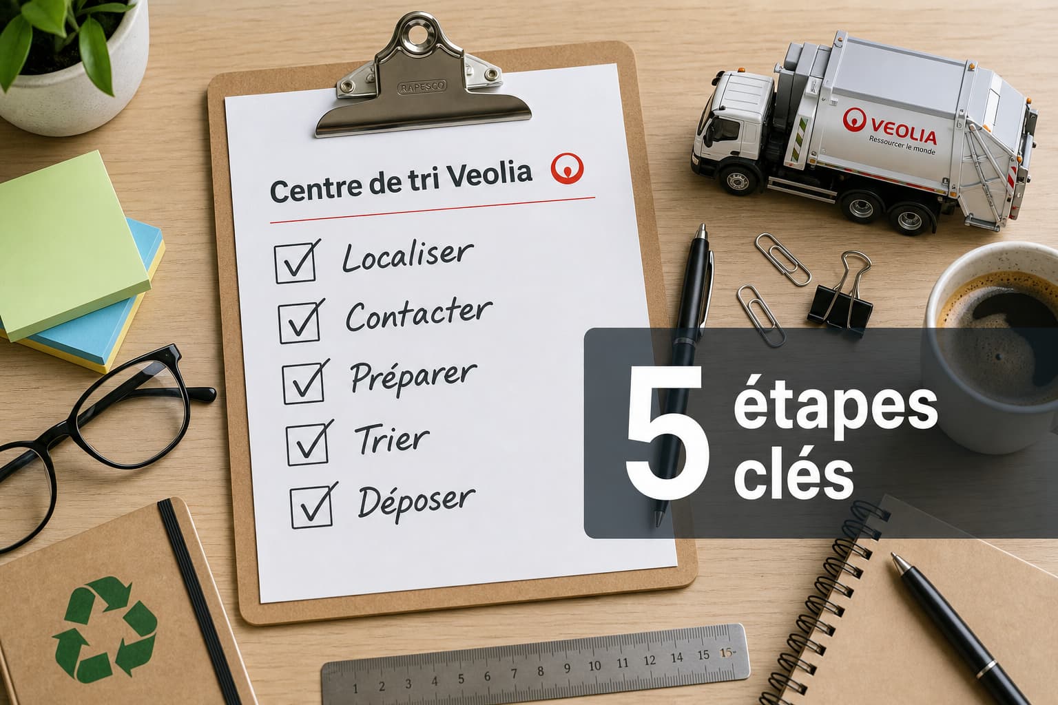 Composition à plat d’un presse-papiers avec une checklist intitulée « Centre de tri Veolia », des coches manuscrites à côté d’éléments comme « Localiser », « Contacter », « Préparer », « Trier », « Déposer », entourée de fournitures de bureau et d’un petit camion modèle, avec un texte superposé « 5 étapes clés » sur un fond sombre semi-transparent.