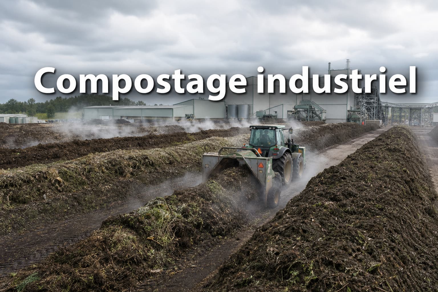 Installation de compostage industriel à grande échelle avec de longs andains de déchets verts, un tracteur avec équipement de retournement au milieu, de la vapeur s