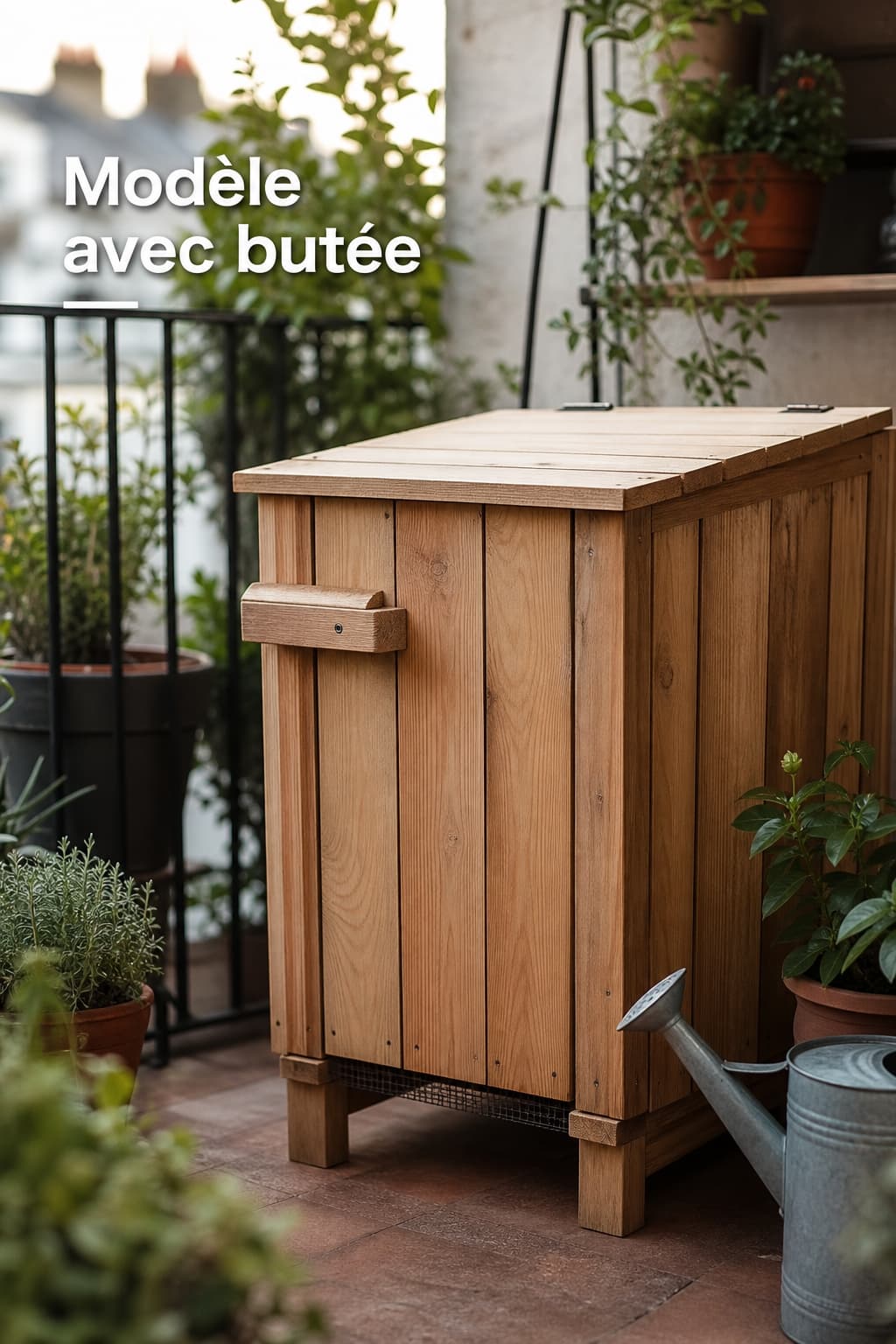 Composteur en bois sur mesure avec butée et pieds surélevés, sur une terrasse avec plantes en pot et lumière d'après-midi, texte superposé 'Modèle avec butée'.