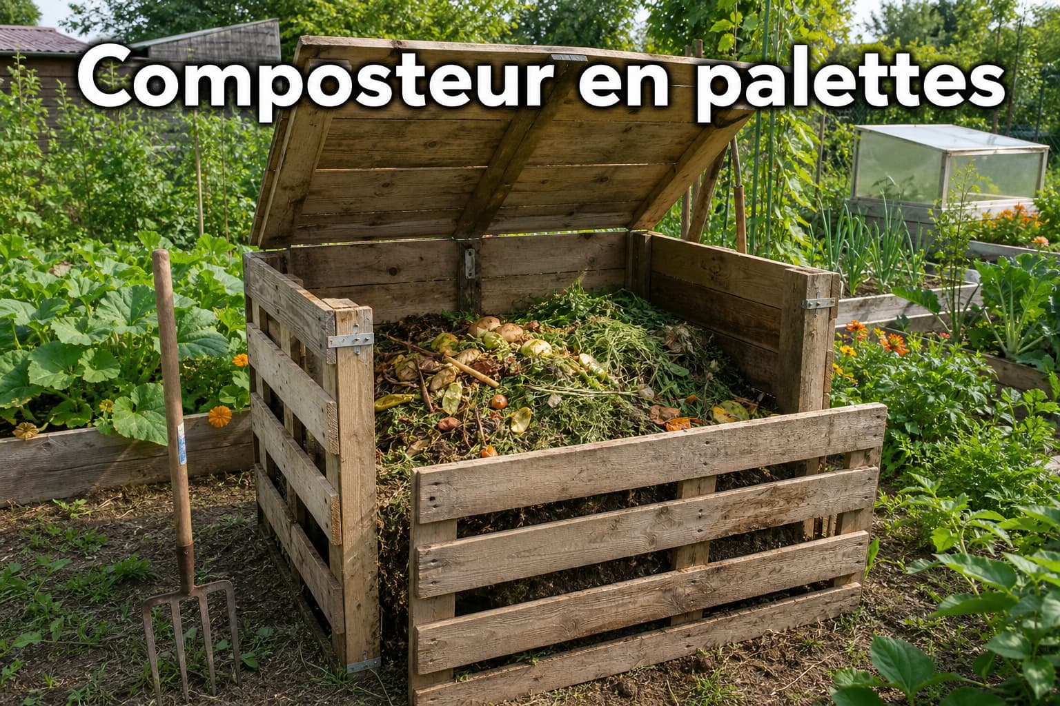 Composteur en bois fabriqué avec trois palettes, avec couvercle et compost visible, dans un potager verdoyant, avec le texte superposé 'Composteur en palettes'.