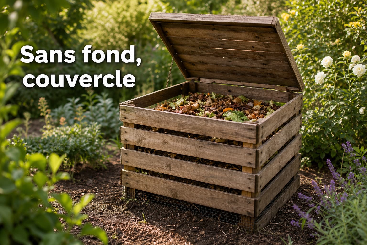 Composteur en bois sans fond avec couvercle relevé, dévoilant des déchets de cuisine en décomposition, posé sur la terre dans un jardin entouré d'arbustes en fleurs, avec un texte 'Sans fond, couvercle' incrusté.