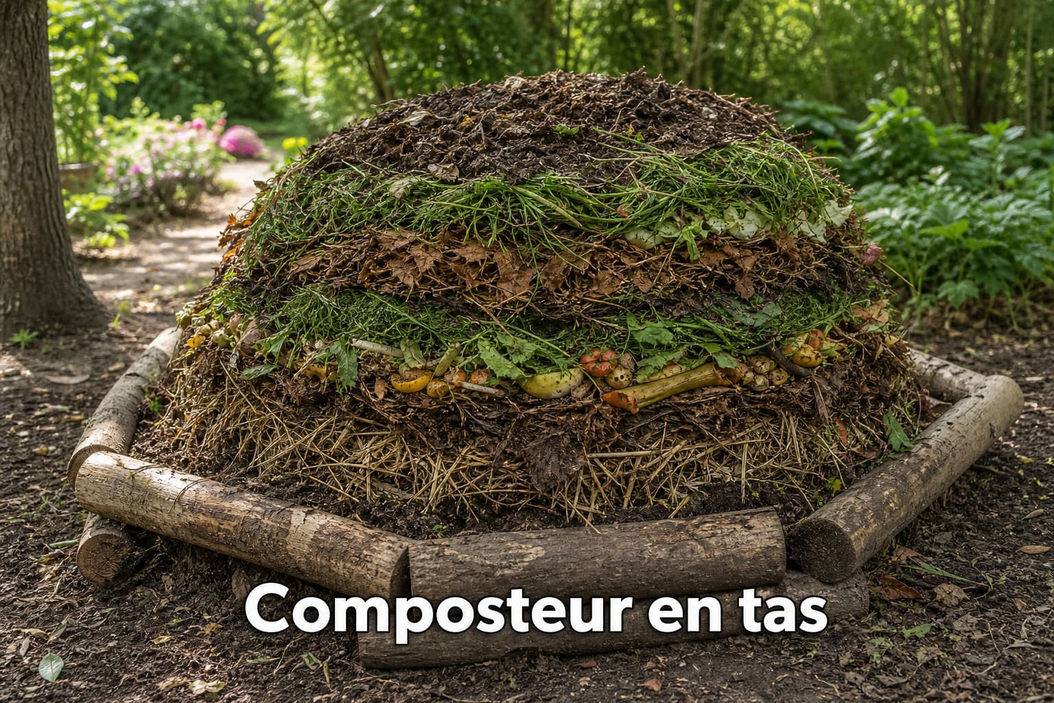Tas de compost bien organisé dans un jardin, entouré de rondins, présentant des couches de déchets verts et bruns sous un éclairage naturel, avec le texte 'Composteur en tas' affiché en surimpression.
