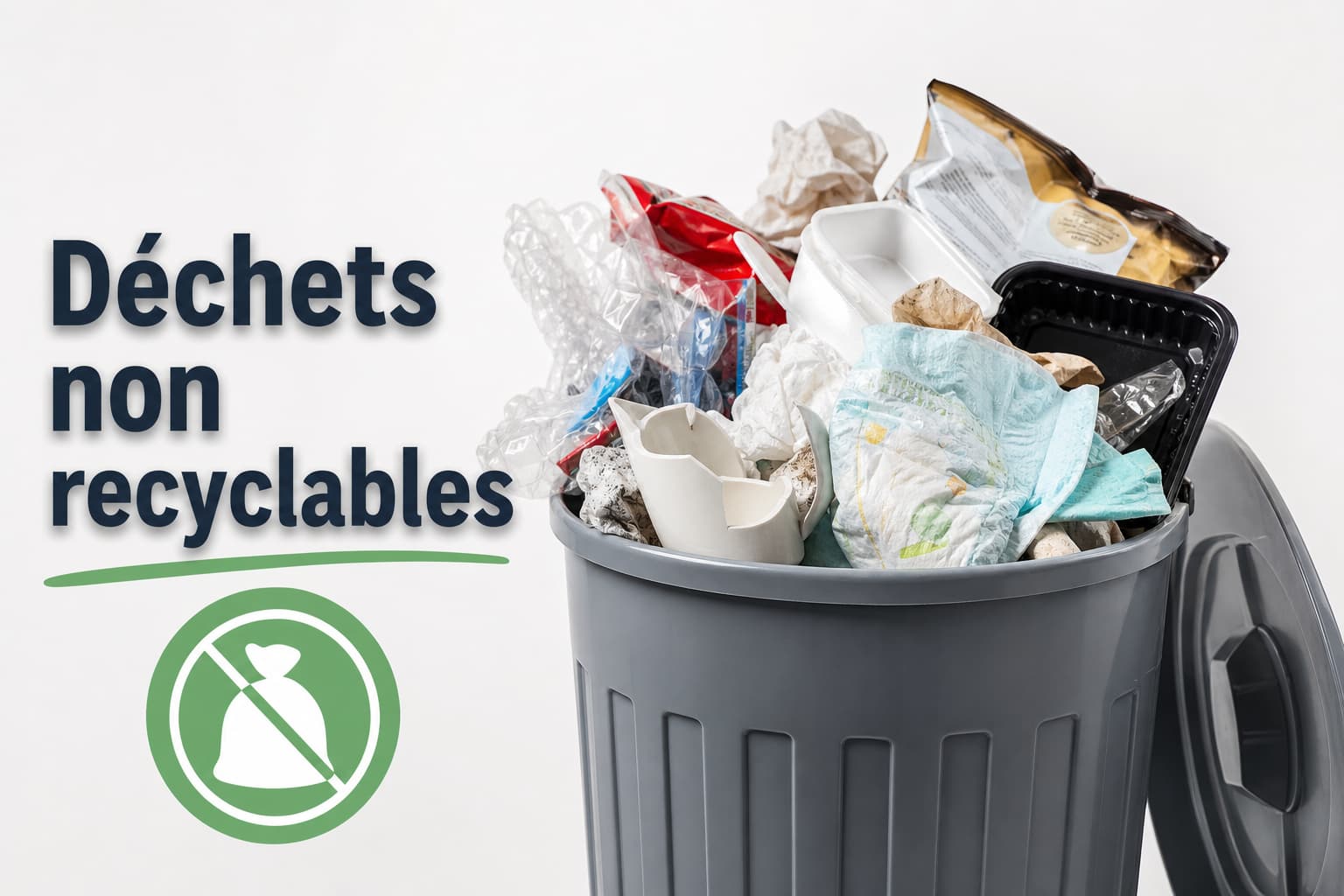 Bac à déchets gris débordant de déchets ménagers non recyclables