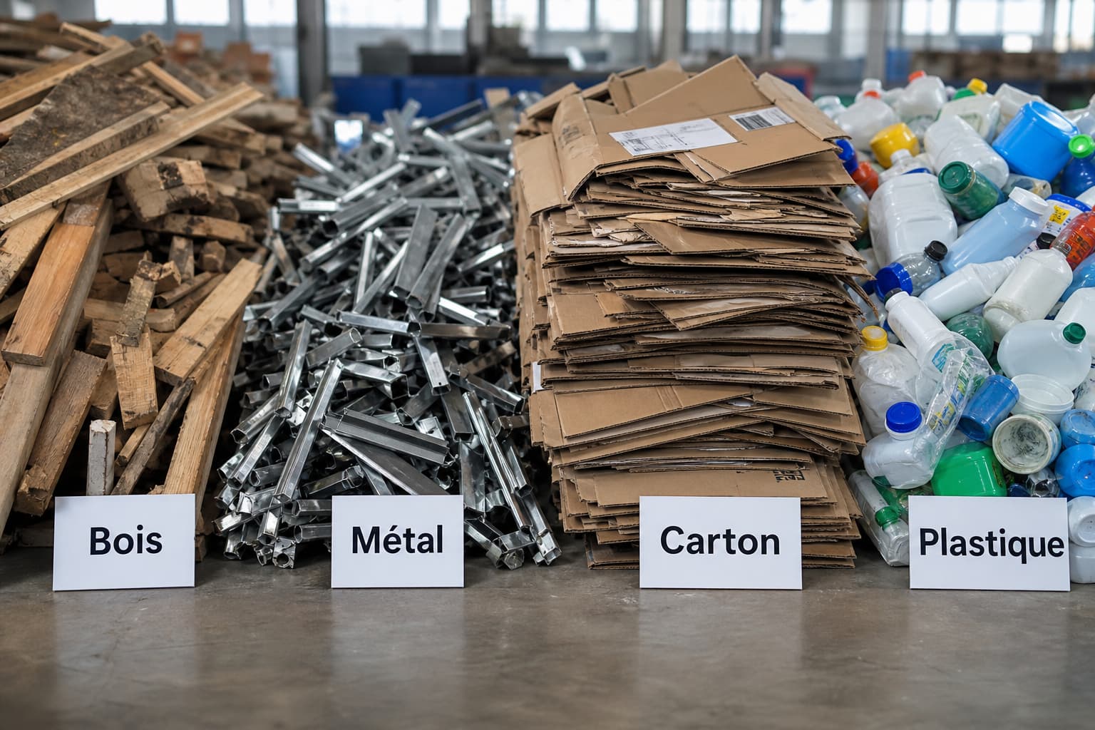 Gros plan sur des déchets de bois, métal, carton et plastique triés en piles distinctes sur un sol d