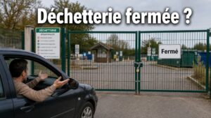Portail fermé d'une déchetterie avec un panneau 'Fermé', une voiture arrêtée devant dont le conducteur montre de la frustration, et un texte superposé 'Déchetterie fermée ?' avec ombre portée.