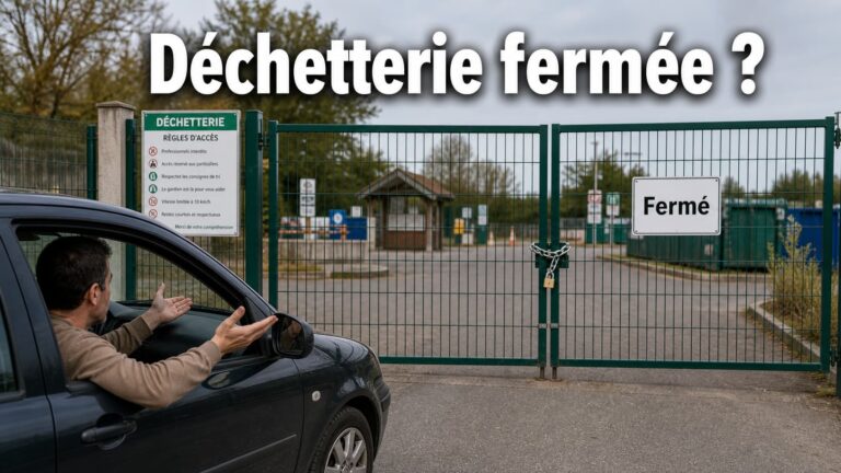 Portail fermé d'une déchetterie avec un panneau 'Fermé', une voiture arrêtée devant dont le conducteur montre de la frustration, et un texte superposé 'Déchetterie fermée ?' avec ombre portée.