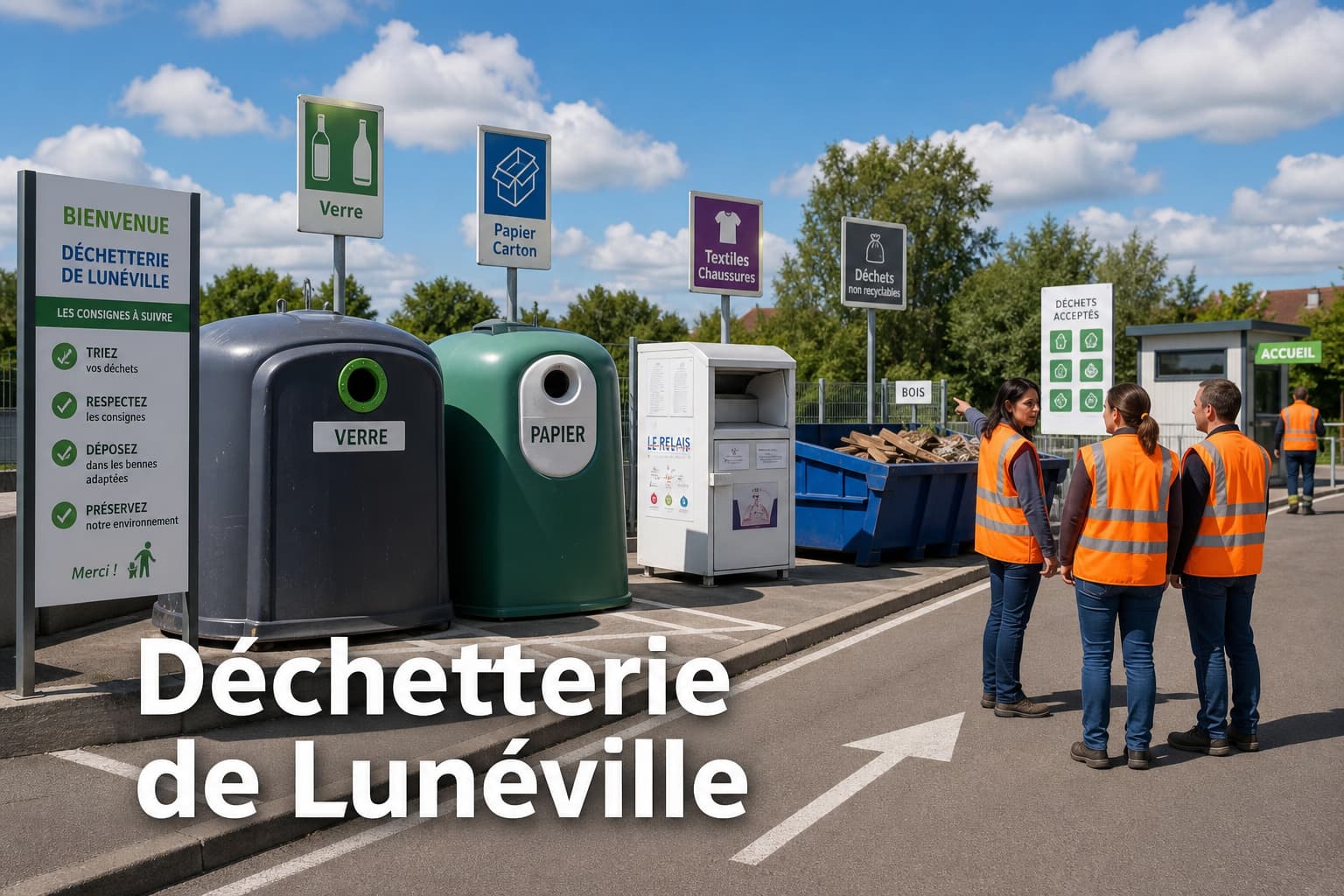 Un centre de recyclage bien organisé avec différents conteneurs de déchets, une signalisation claire sur un sol propre, sous un soleil doux avec le texte