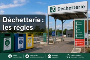 Vue accueillante d'une déchetterie moderne et propre avec des bacs de tri séparés pour le verre, le papier et le plastique, un panneau indiquant 'Déchetterie', éclairée par le soleil, et un texte superposé 'Déchetterie : les règles'.