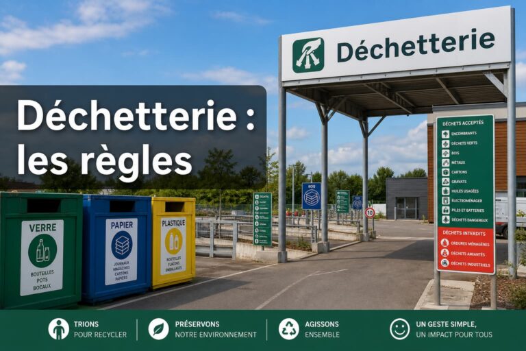 Vue accueillante d'une déchetterie moderne et propre avec des bacs de tri séparés pour le verre, le papier et le plastique, un panneau indiquant 'Déchetterie', éclairée par le soleil, et un texte superposé 'Déchetterie : les règles'.
