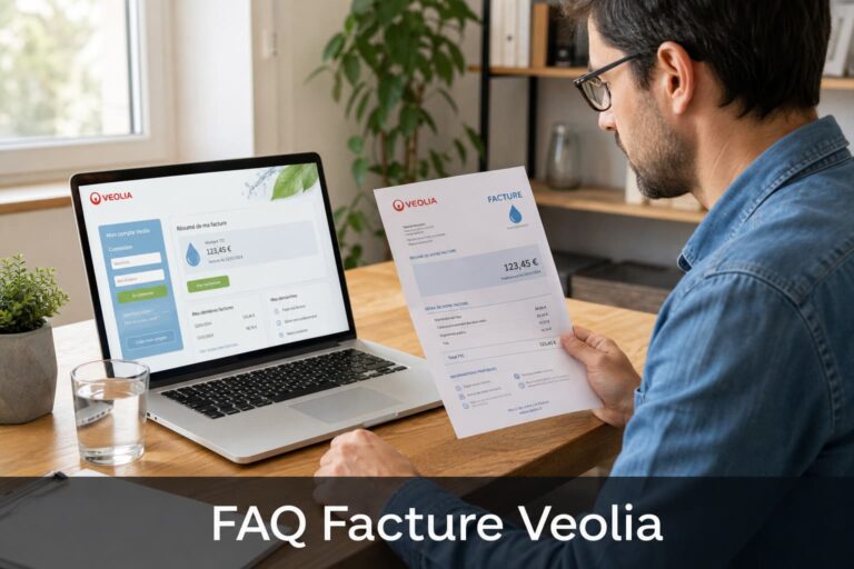 Personne concentrée examinant une facture d'eau Veolia sur un écran d'ordinateur portable et une version papier côte à côte, avec un verre d'eau et un stylo, dans un bureau moderne lumineux, et un bandeau 'FAQ Facture Veolia' en bas.