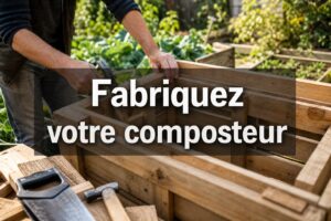 Deux mains assemblant un composteur en bois avec des palettes, un marteau et une scie, dans un jardin ensoleillé, avec texte superposé 'Fabriquez votre composteur'.