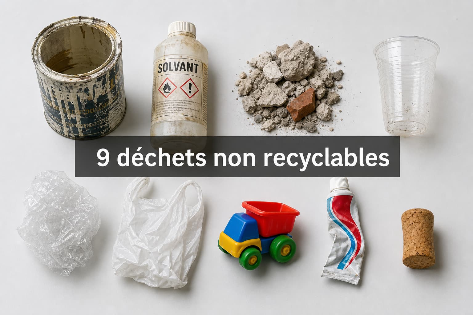 Disposition à plat de neuf déchets ménagers non recyclables
