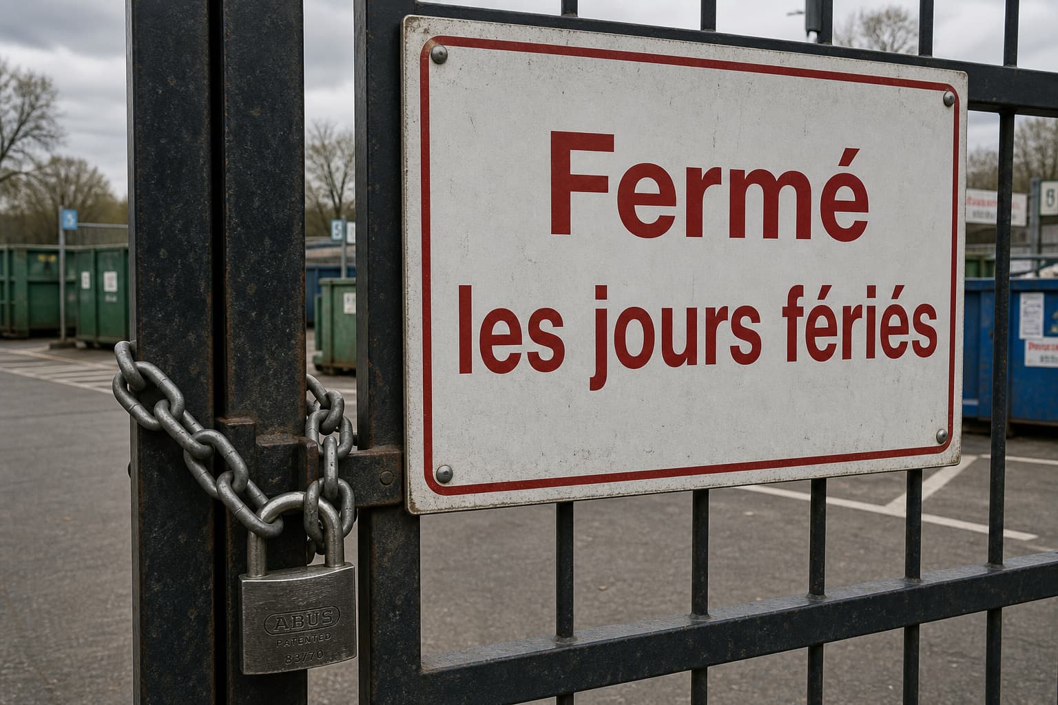 Gros plan sur une grille métallique de déchetterie avec panneau « Fermé les jours fériés », cadenas et chaîne visibles, en arrière-plan bennes vides, ciel nuageux de jour.