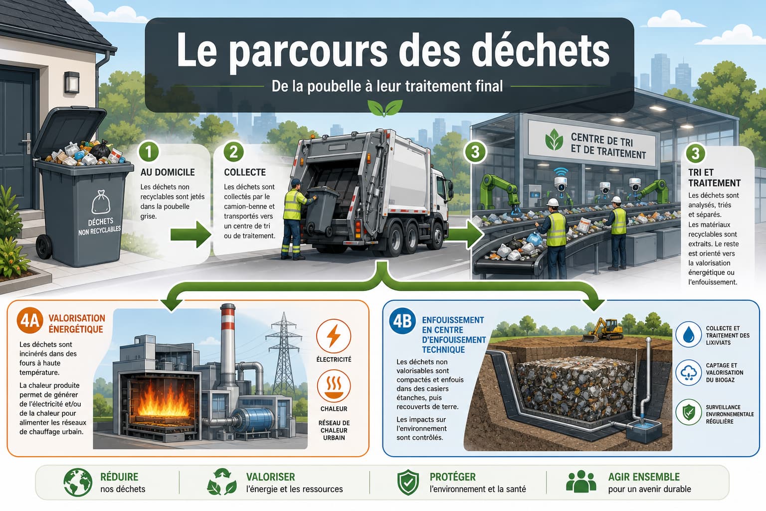 Infographie en style roadmap du parcours des déchets non recyclables