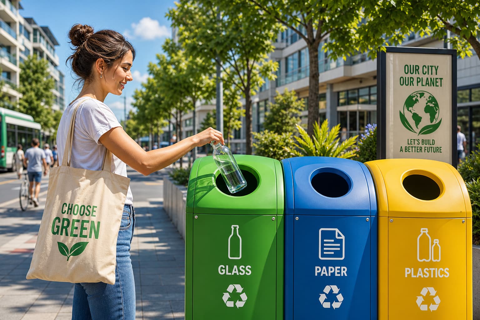 Une personne dépose une bouteille en verre dans un conteneur de recyclage dans un cadre urbain ensoleillé, avec d