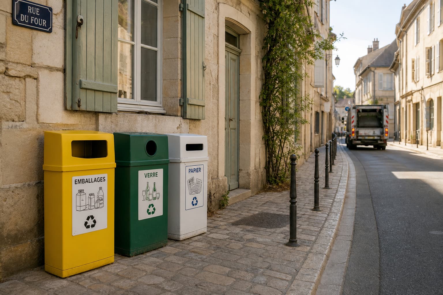 Une rue calme dans une ville française avec trois bacs de tri distincts (jaune pour les emballages, vert pour le verre, blanc pour le papier) sur le trottoir, un petit camion poubelle au loin, sous un doux soleil d