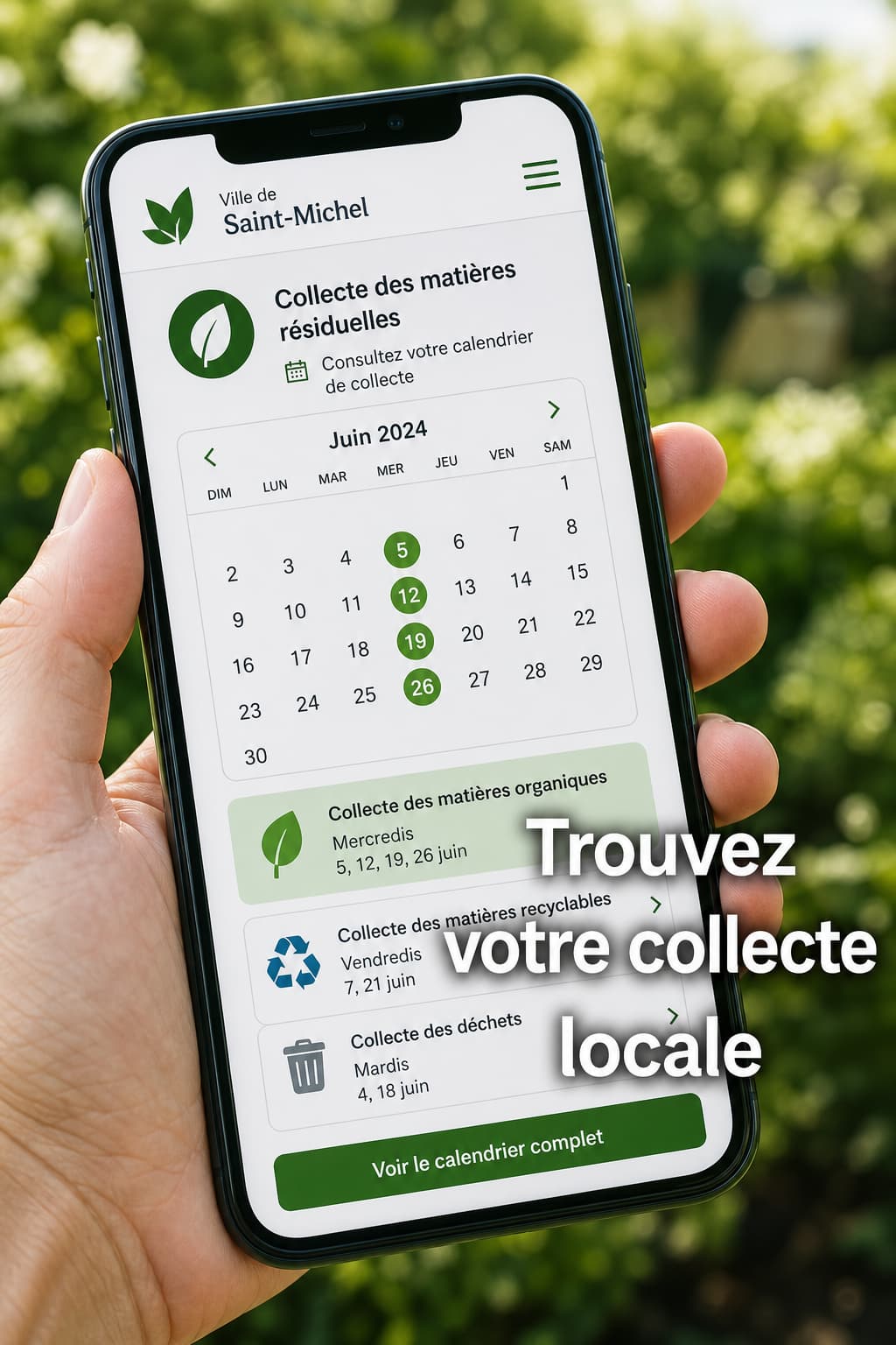 Un smartphone affiche un site municipal avec un calendrier et les dates de collecte des déchets verts, entouré de symboles de recyclage, avec en surimpression le texte
