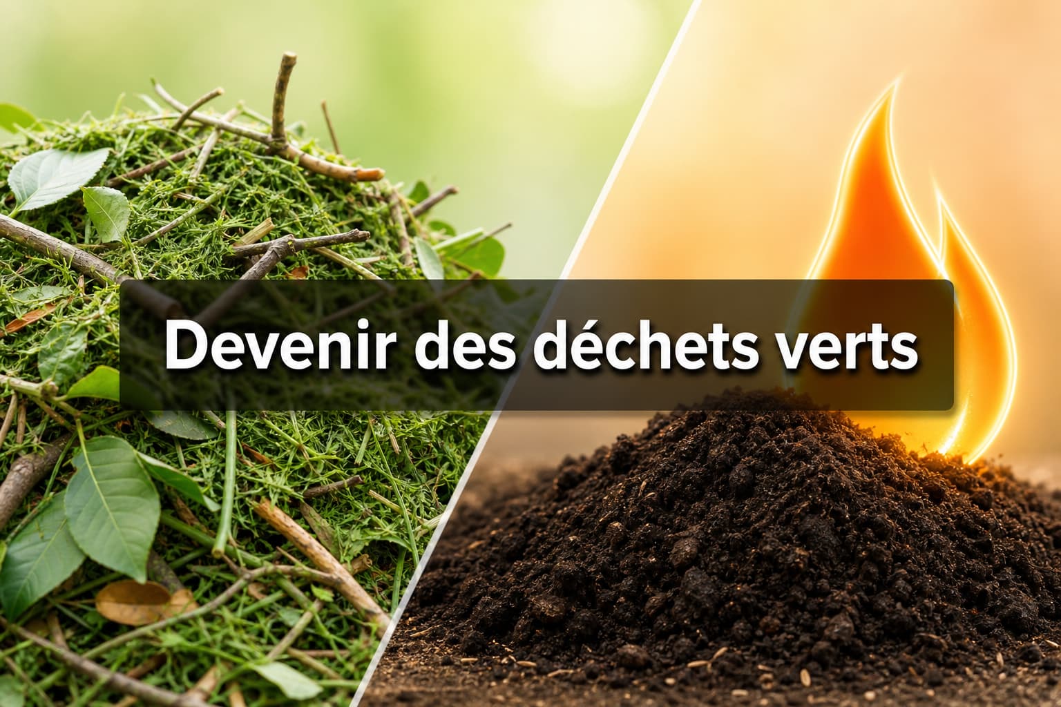 Pile de déchets verts frais (tontes, branches, feuilles) à gauche, monticule de compost foncé et flamme symbolisant le biogaz à droite, sur fond dégradé lumineux, avec texte