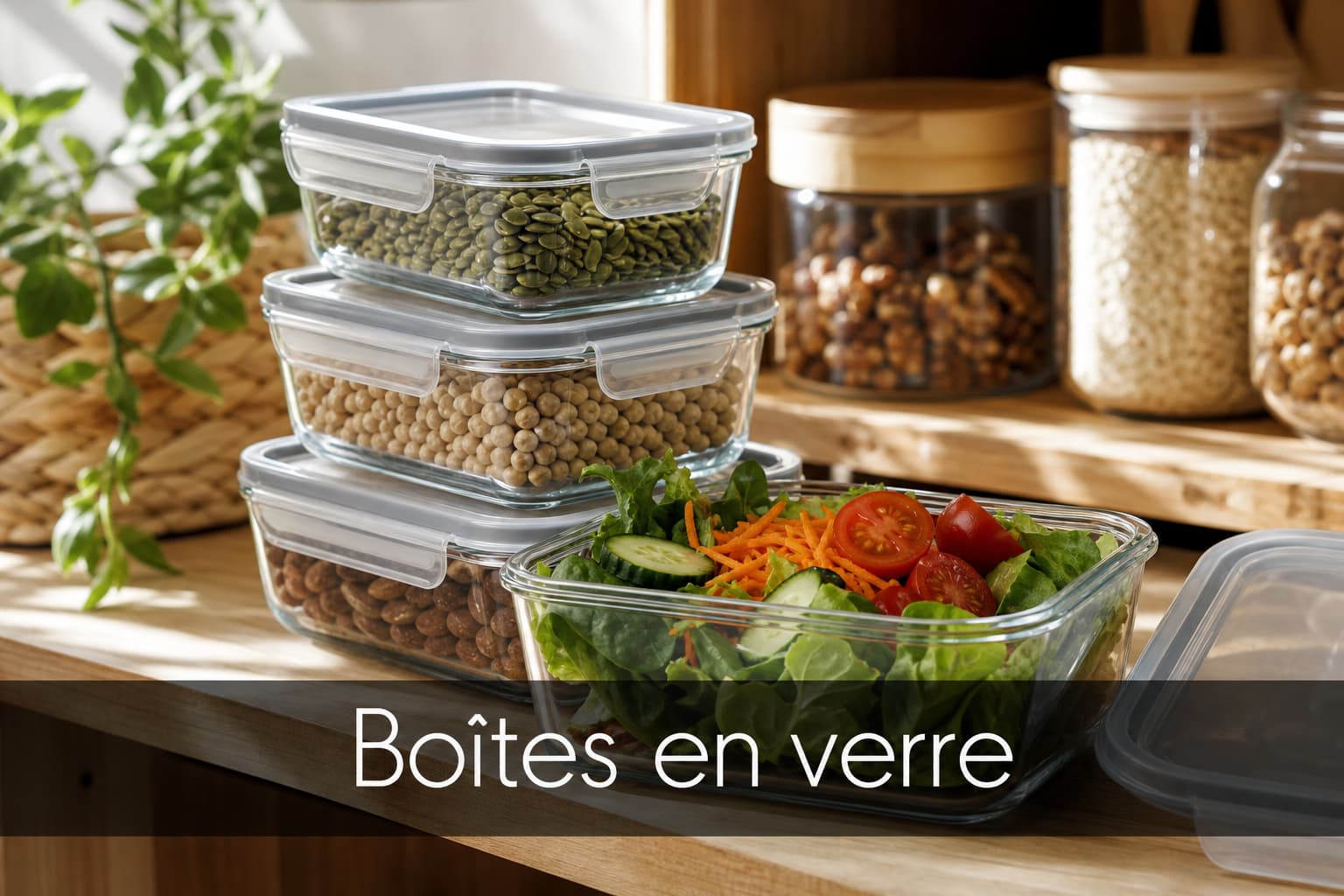 Boîtes en verre avec couvercles hermétiques empilées dans un garde-manger, une boîte ouverte laisse voir des ingrédients de salade fraîche, reflets doux de lumière naturelle sur le verre, texte superposé
