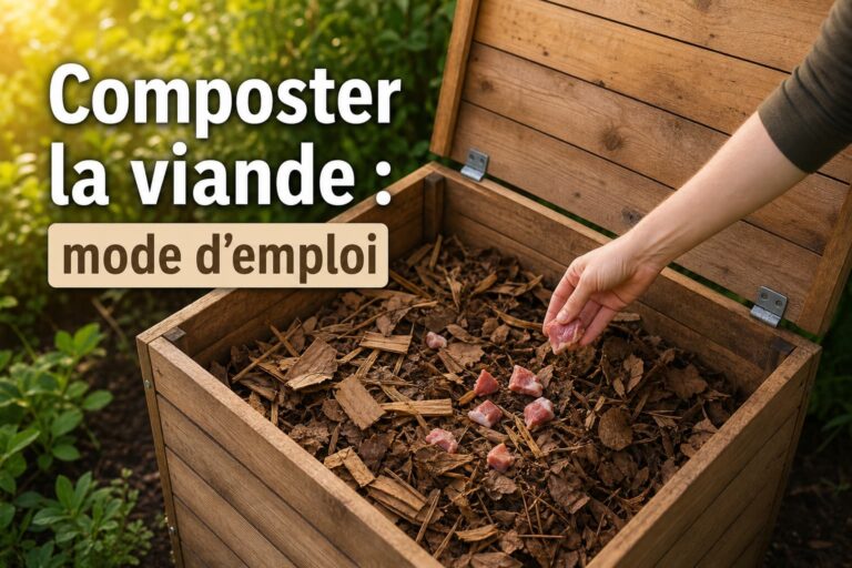 Un bac à compost en bois dans un jardin, une main dépose des morceaux de viande sur des feuilles mortes et du carton, avec le texte 'Composter la viande : mode d'emploi' en surimpression.