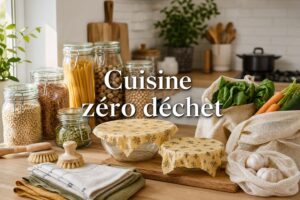 Comptoir de cuisine moderne avec accessoires zéro déchet : emballages en cire d'abeille sur des bols en verre, une brosse à vaisselle en bois, des sacs à provisions en filet remplis de légumes, des torchons réutilisables et des bocaux en verre contenant des ingrédients en vrac, sous une lumière naturelle chaleureuse, avec le texte 'Cuisine zéro déchet' superposé avec ombre portée.