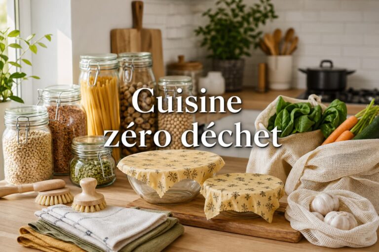 Comptoir de cuisine moderne avec accessoires zéro déchet : emballages en cire d'abeille sur des bols en verre, une brosse à vaisselle en bois, des sacs à provisions en filet remplis de légumes, des torchons réutilisables et des bocaux en verre contenant des ingrédients en vrac, sous une lumière naturelle chaleureuse, avec le texte 'Cuisine zéro déchet' superposé avec ombre portée.
