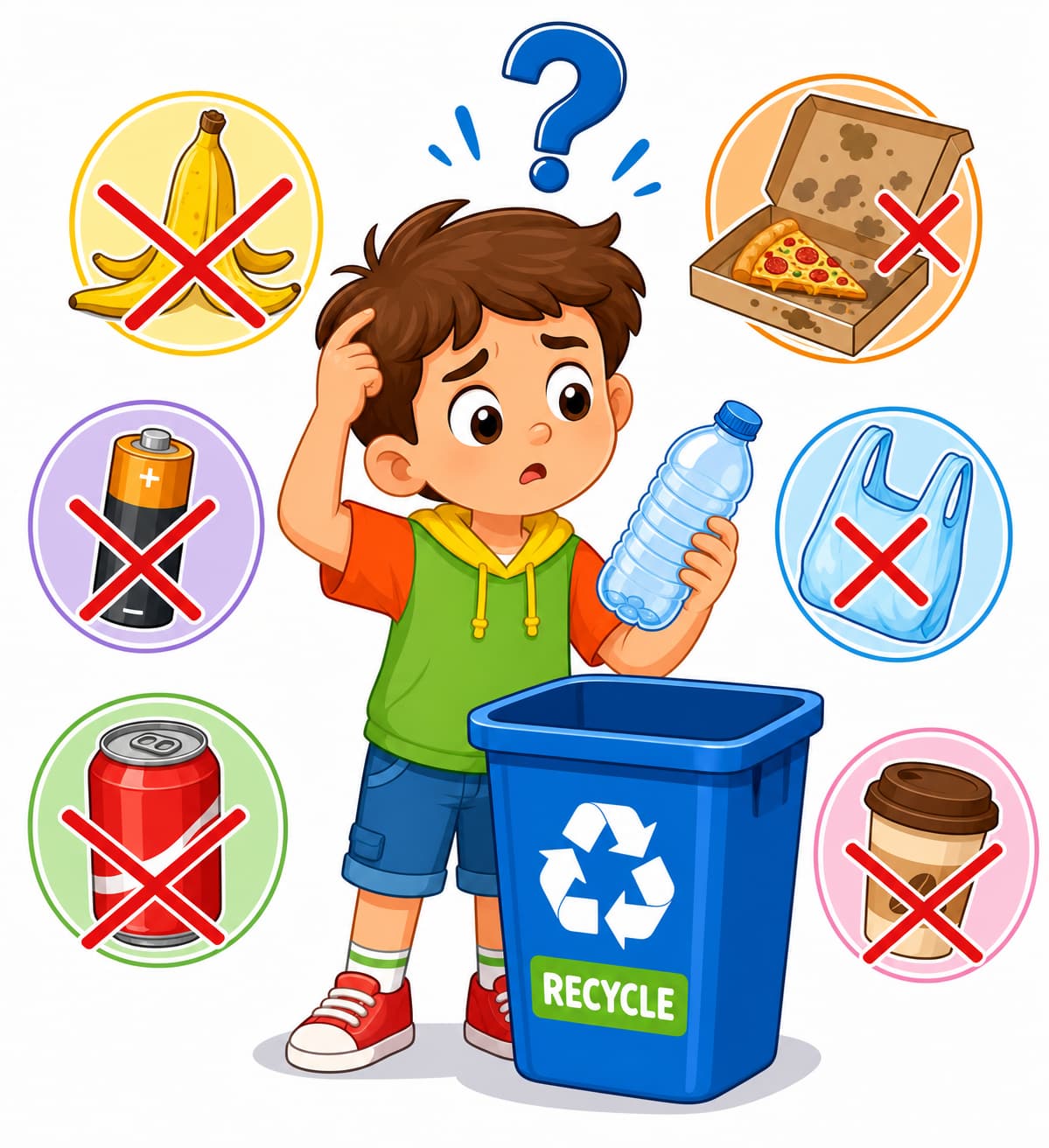 Un enfant de dessin animé confus tient une bouteille en plastique au-dessus d