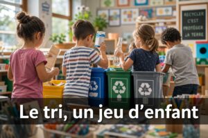 Enfants triant des déchets recyclables dans des bacs de différentes couleurs en salle de classe, avec le texte superposé 'Le tri, un jeu d'enfant'.