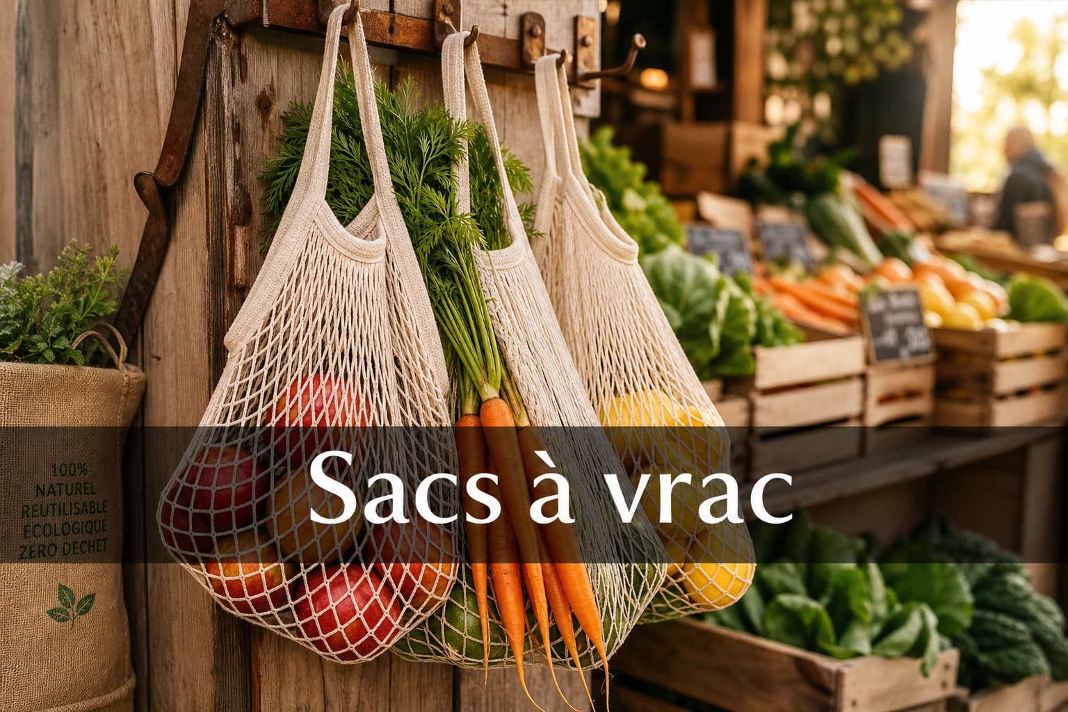 Sac en filet de coton rempli de fruits et légumes colorés suspendu à un crochet dans un marché fermier, avec texte