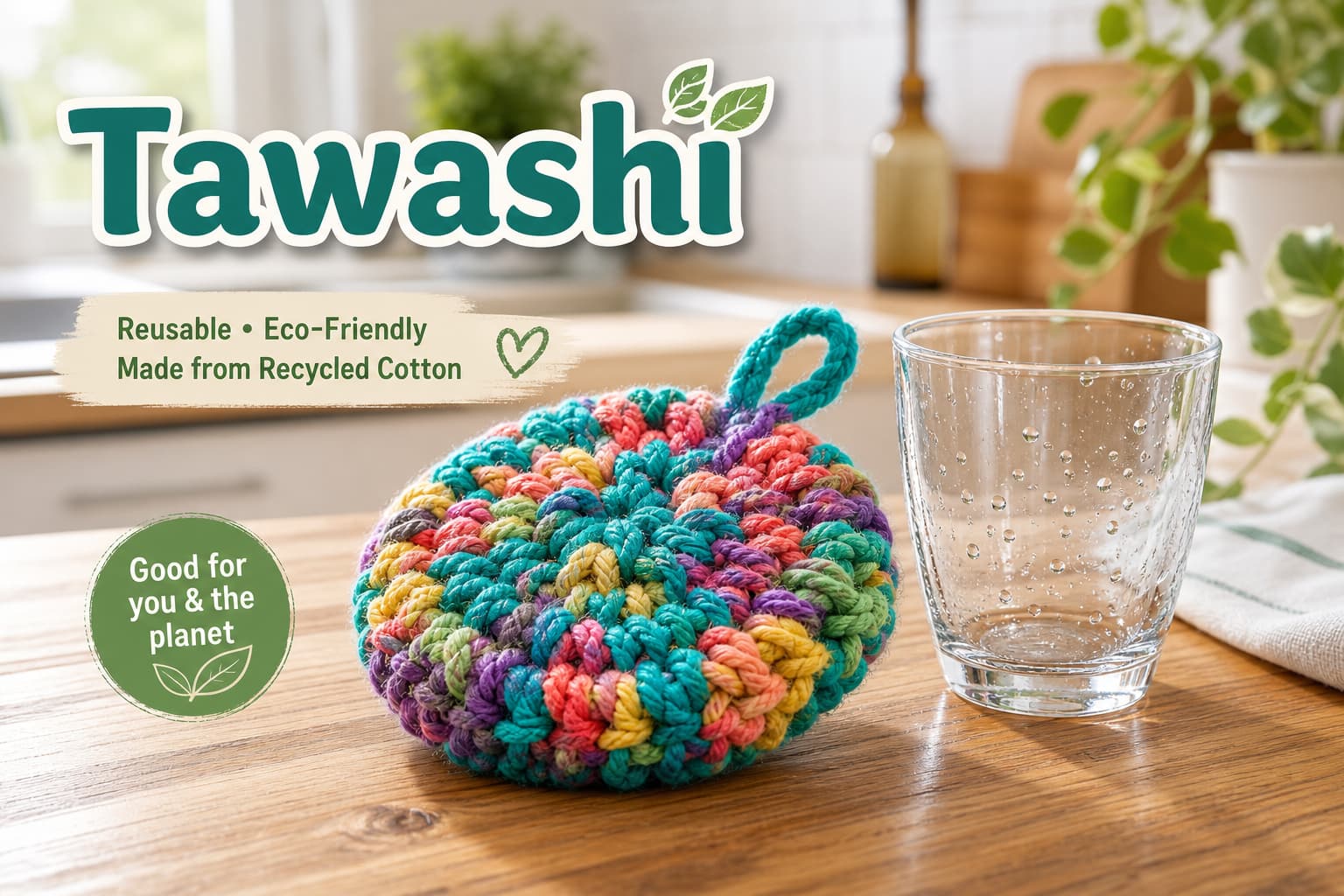Éponge tawashi tricotée colorée sur un comptoir en bois à côté d