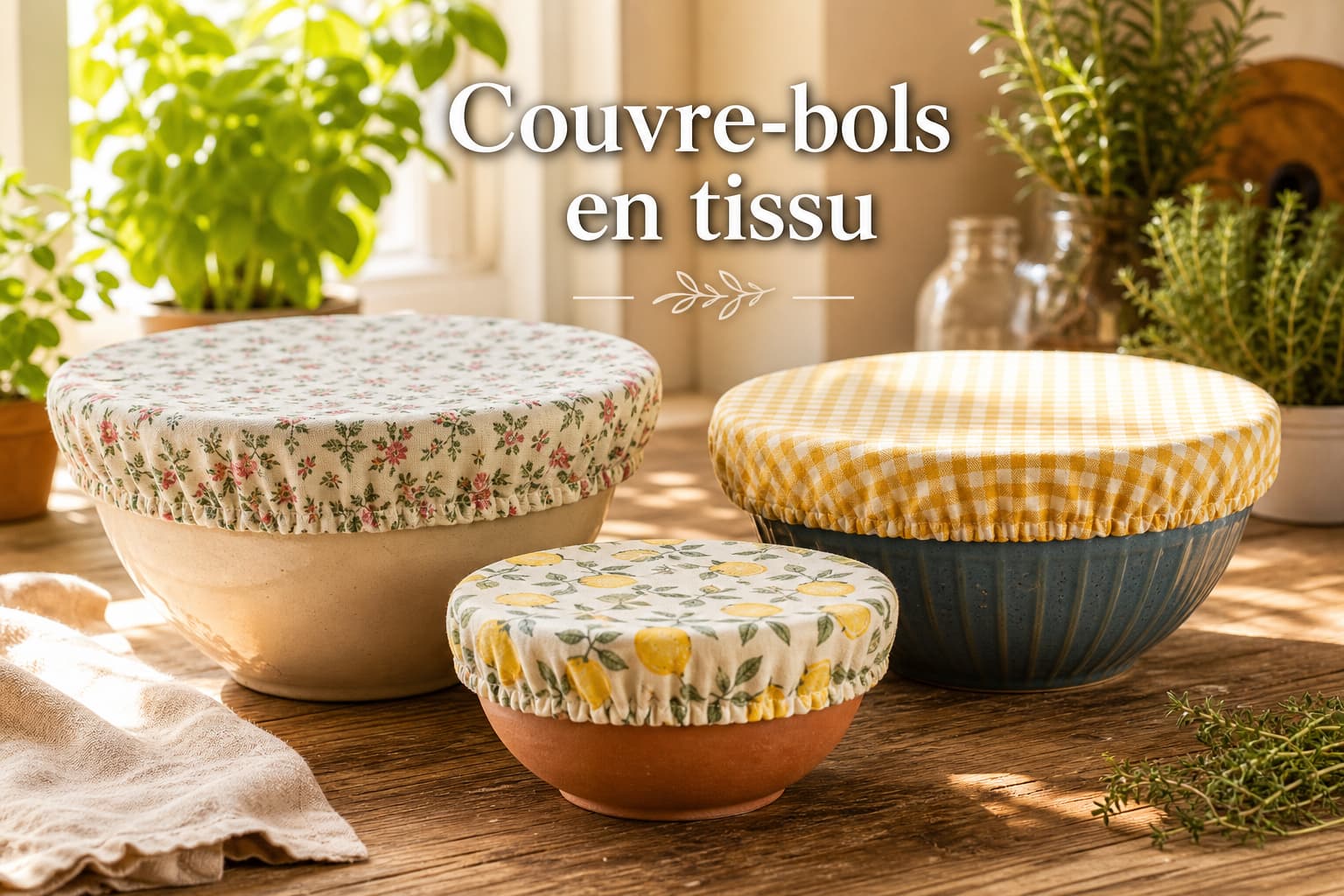 Trois couvre-bols en tissu de différentes tailles avec bords élastiques tendus sur des bols en céramique colorés, imprimés joyeux, sur une table ensoleillée avec des herbes fraîches en arrière-plan et le texte